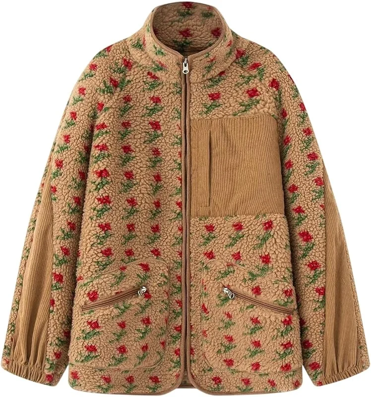 Generisch Teddy Fleecejacke Damen Blumen Winterjacke Damen Warm Gefüttert Übergangsjacke Elegant Stehkragen Teddyjacke Dicke Teddyfleece Wintermantel Mit Reissverschluss Langarm Plüschjacke — Heizkleidung