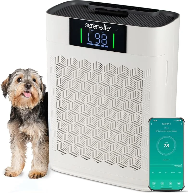 SereneLife Luftfilter, Luftreiniger, HEPA Filter, Air Duster für Zuhause, Schlafzimmer, Luftreiniger Allergiker für Rauch Haustier Schuppen Gerüche, Raumlüfter bis 100 m², APP- Steuerung, 20db, Weiß — Luftbefeuchter