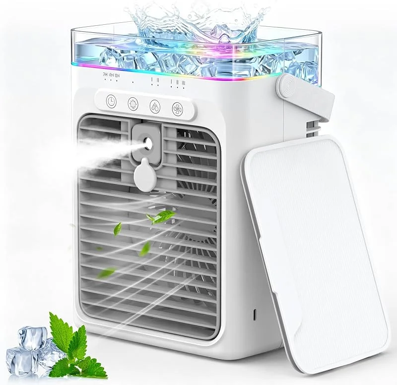 Tragbares Klimagerät, 3-in-1 Verdunstungskühler mit 3 Geschwindigkeiten & 2 Nebelmodi, 1000ml Mini Klimaanlage, USB Ventilator mit RGB Licht & Timer für Schlafzimmer Büro Schreibtisch Auto Camping — Luftbefeuchter