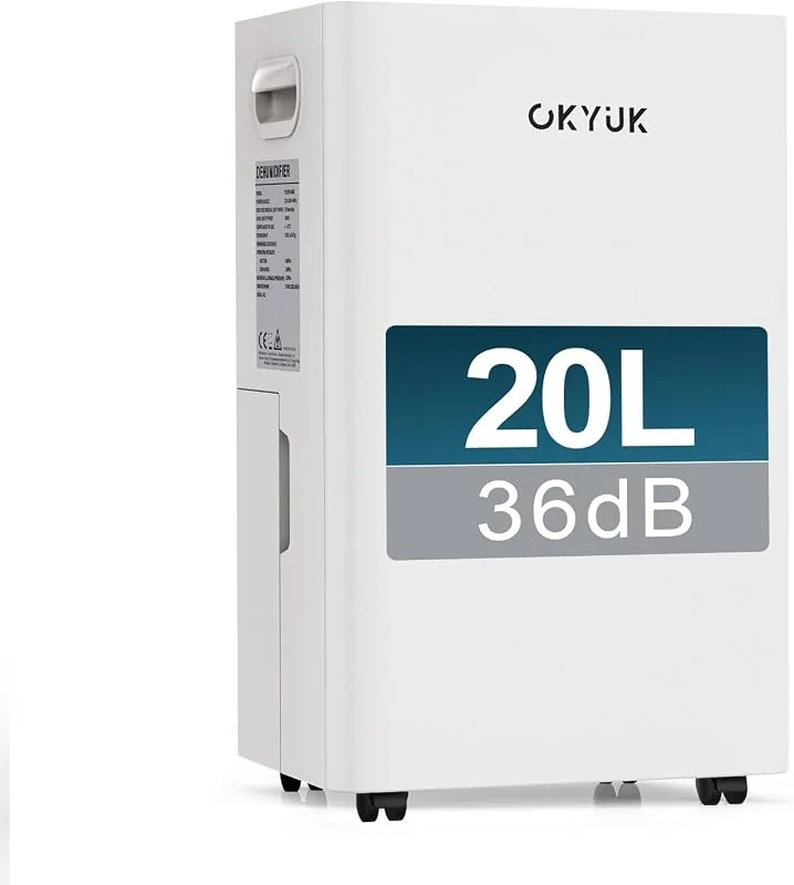 OKYUK Luftentfeuchter elektrisch 20L, 24h, Entfeuchter elektrisch 36dB, Raumentfeuchter für Räume ca. 40m², mit Ablaufschlauch, Timer, für Wohnmobil, Badezimmer, Keller, Kältemittel R290, 10 J. Gar. — Luftbefeuchter